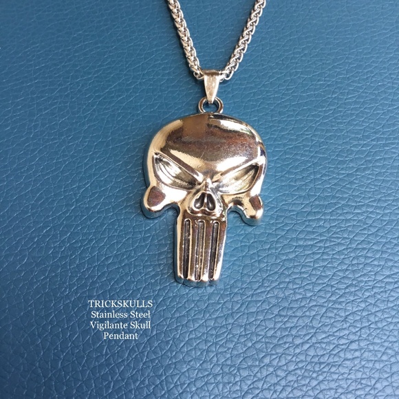 Vigilante Skull Stainless Steel Anti-Hero Pendant + Stainless Wheat Link Chain - Picture 1 of 9